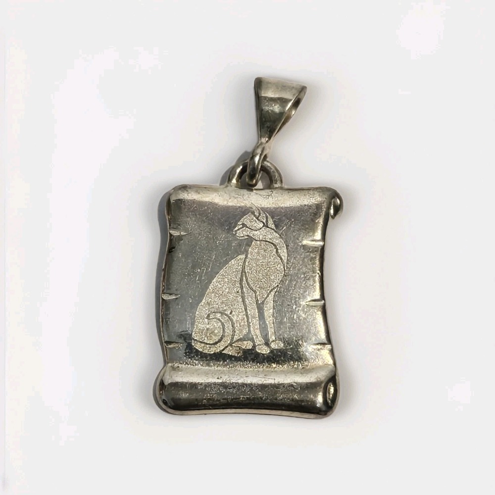 UTC Sterling Silver 925 Egyptian Bastet Cat Scroll Pendant Vintage